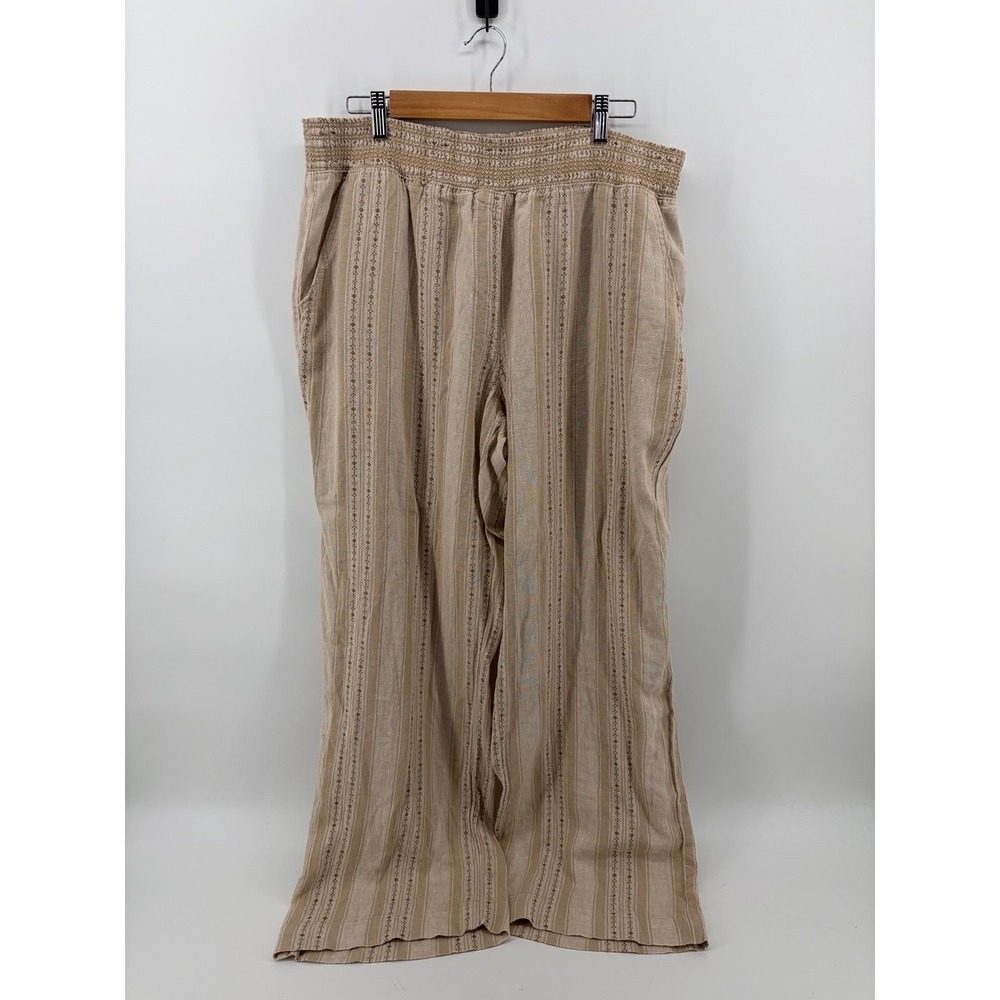 Briggs Linen Blend Tan Striped Pull-On Wide Leg Pants, Women's Size XL